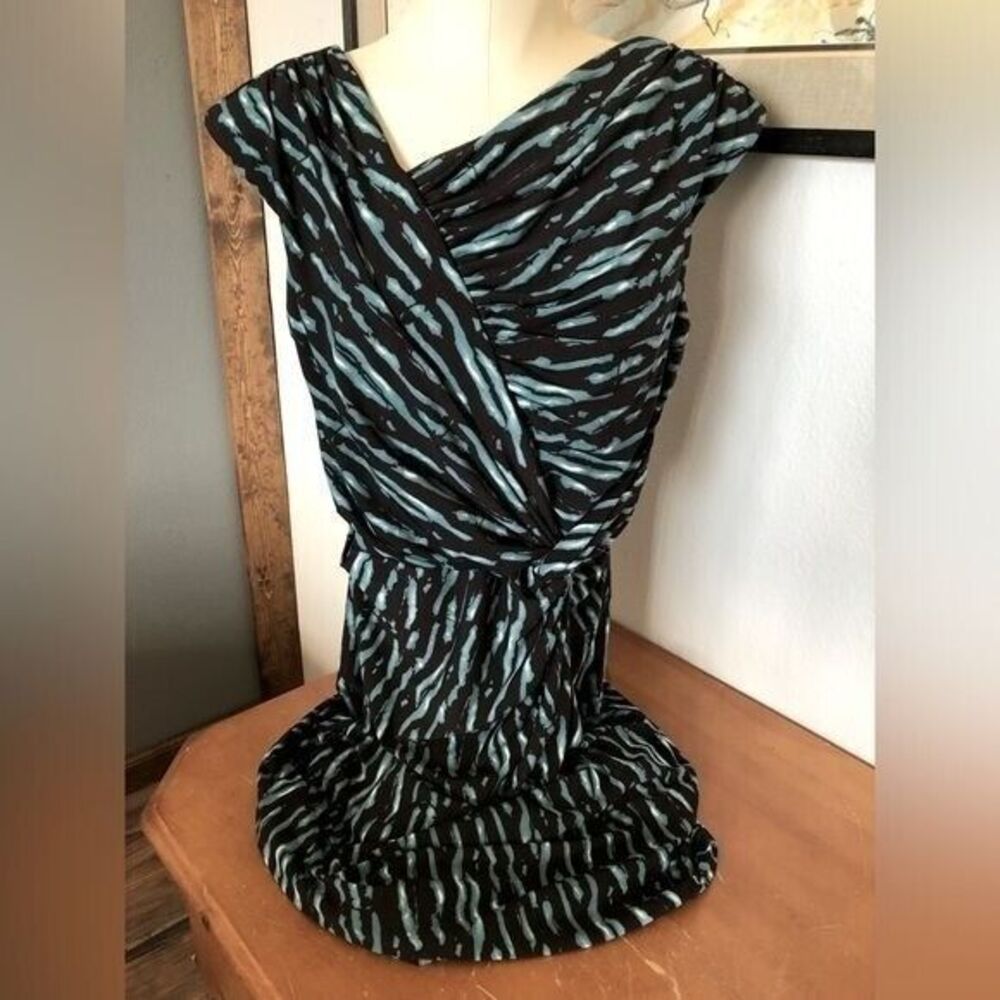 David Meister Women's Green Black and White Striped Wrap Dress